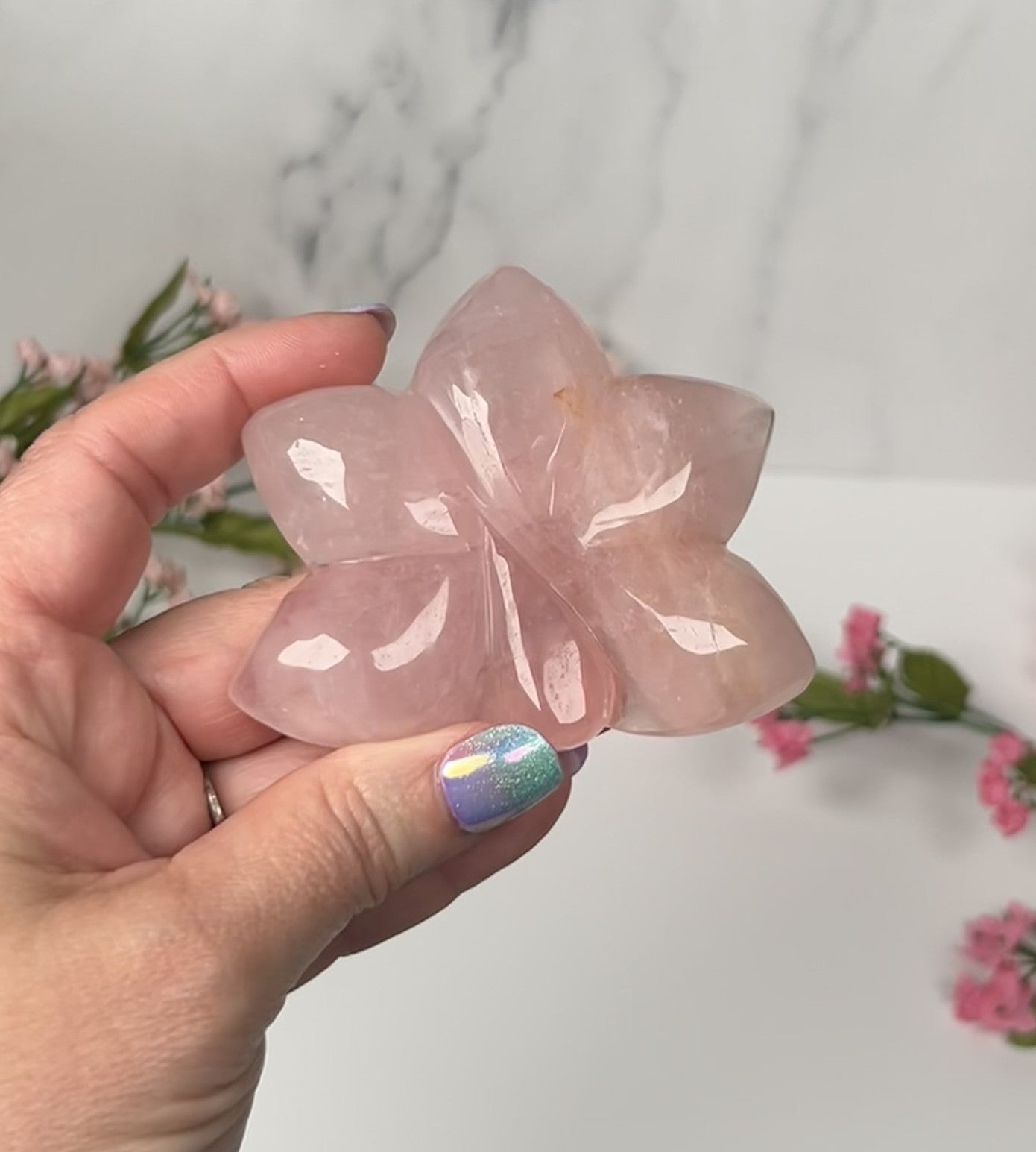 Natural Rose Quartz Orchid Flower (Stand included) - #B