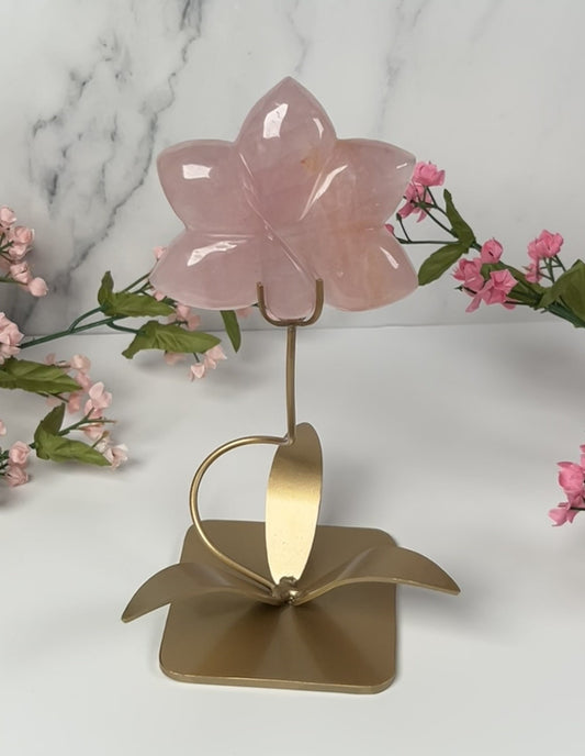 Natural Rose Quartz Orchid Flower (Stand included) - #B