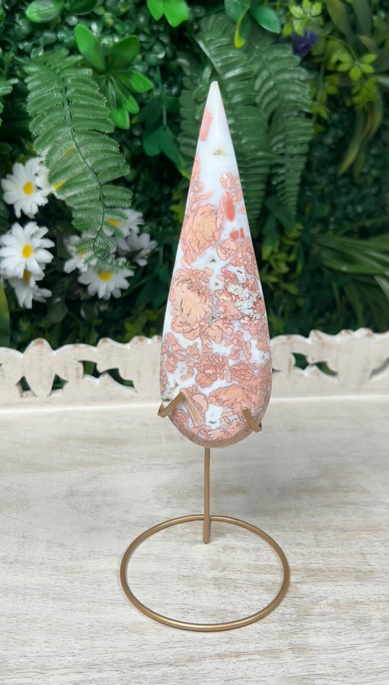 Pink Agate Teardrop with gold stand - #E