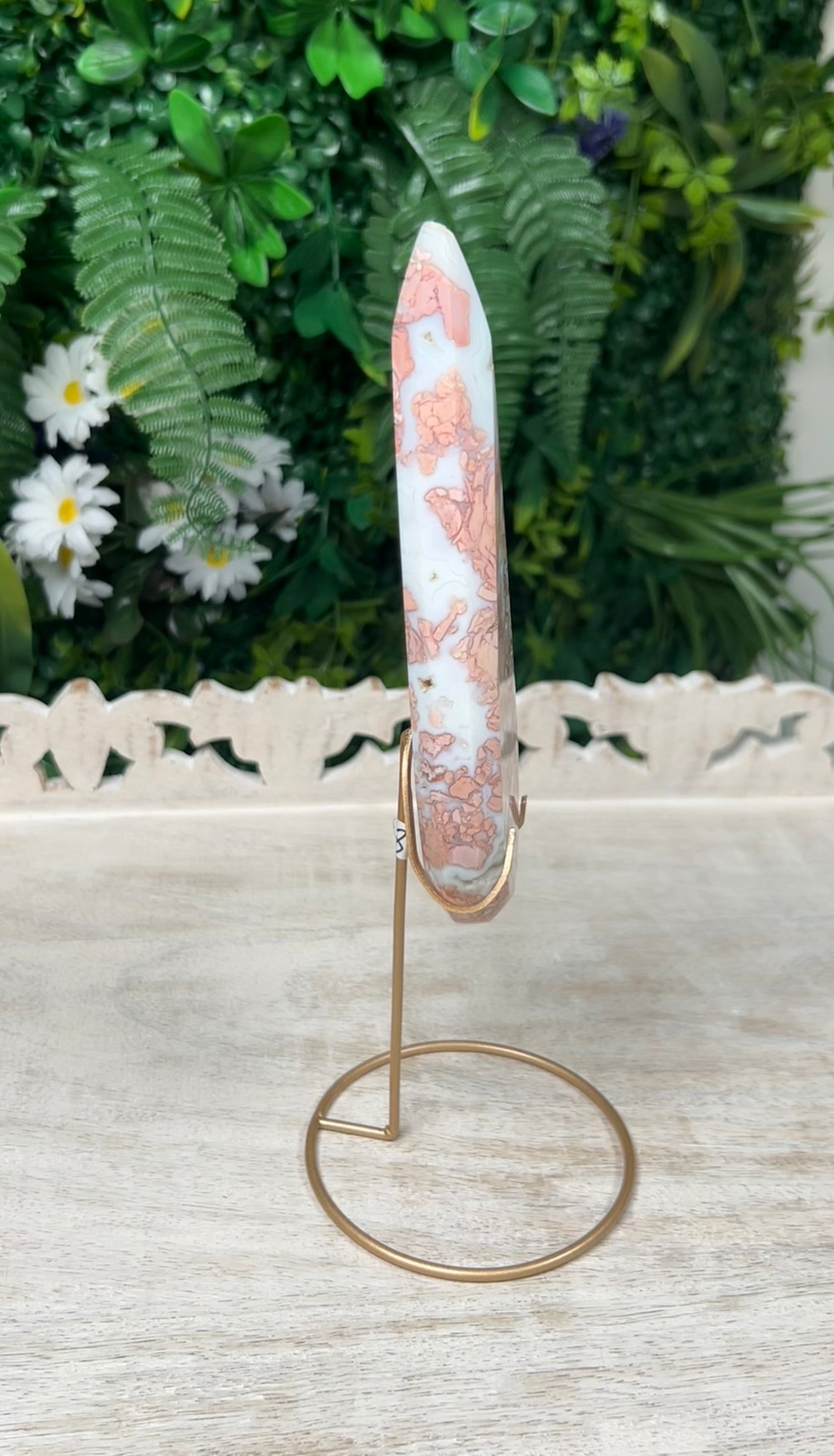 Pink Agate Teardrop with gold stand - #E