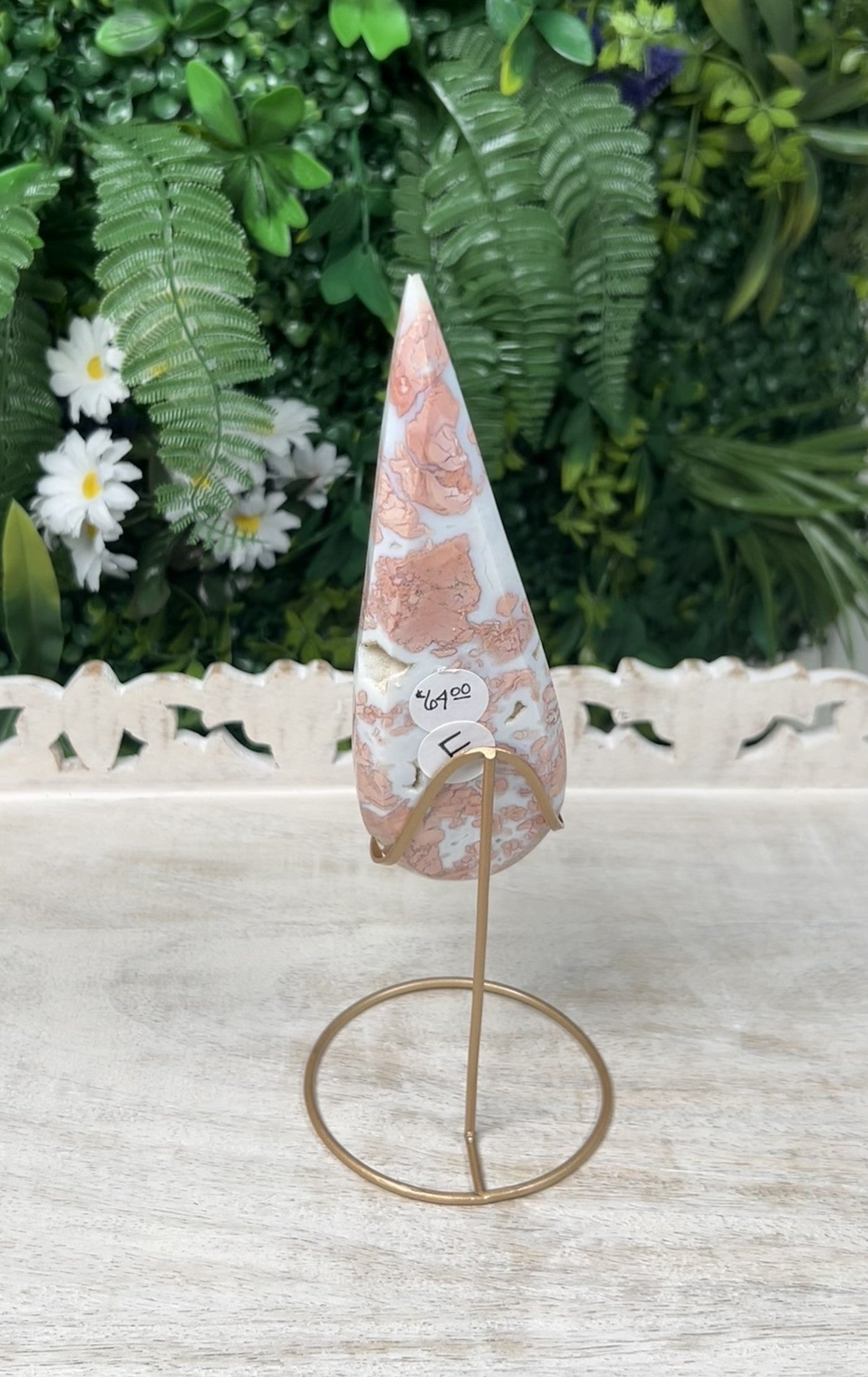 Pink Agate Teardrop with gold stand - #E