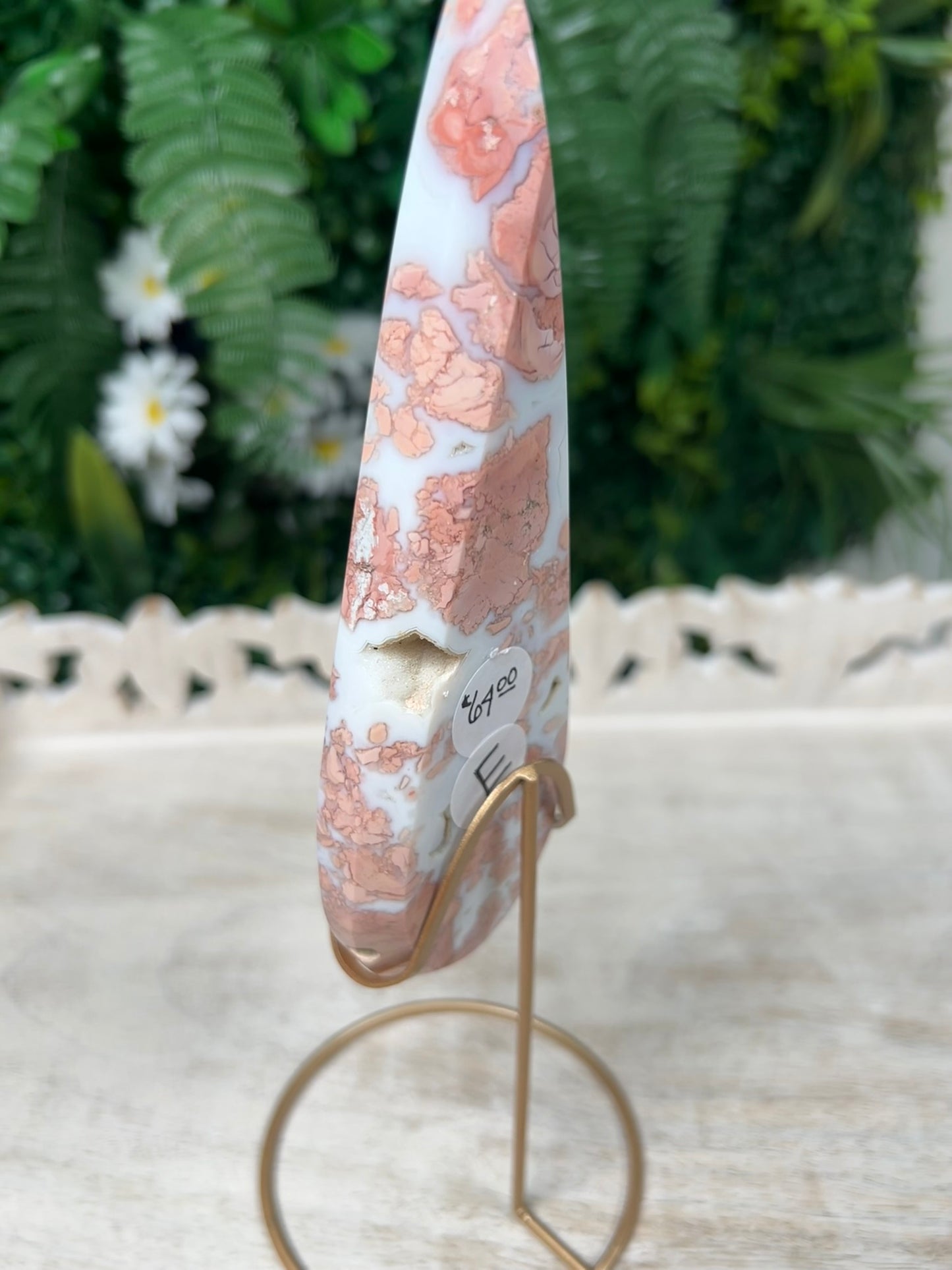 Pink Agate Teardrop with gold stand - #E