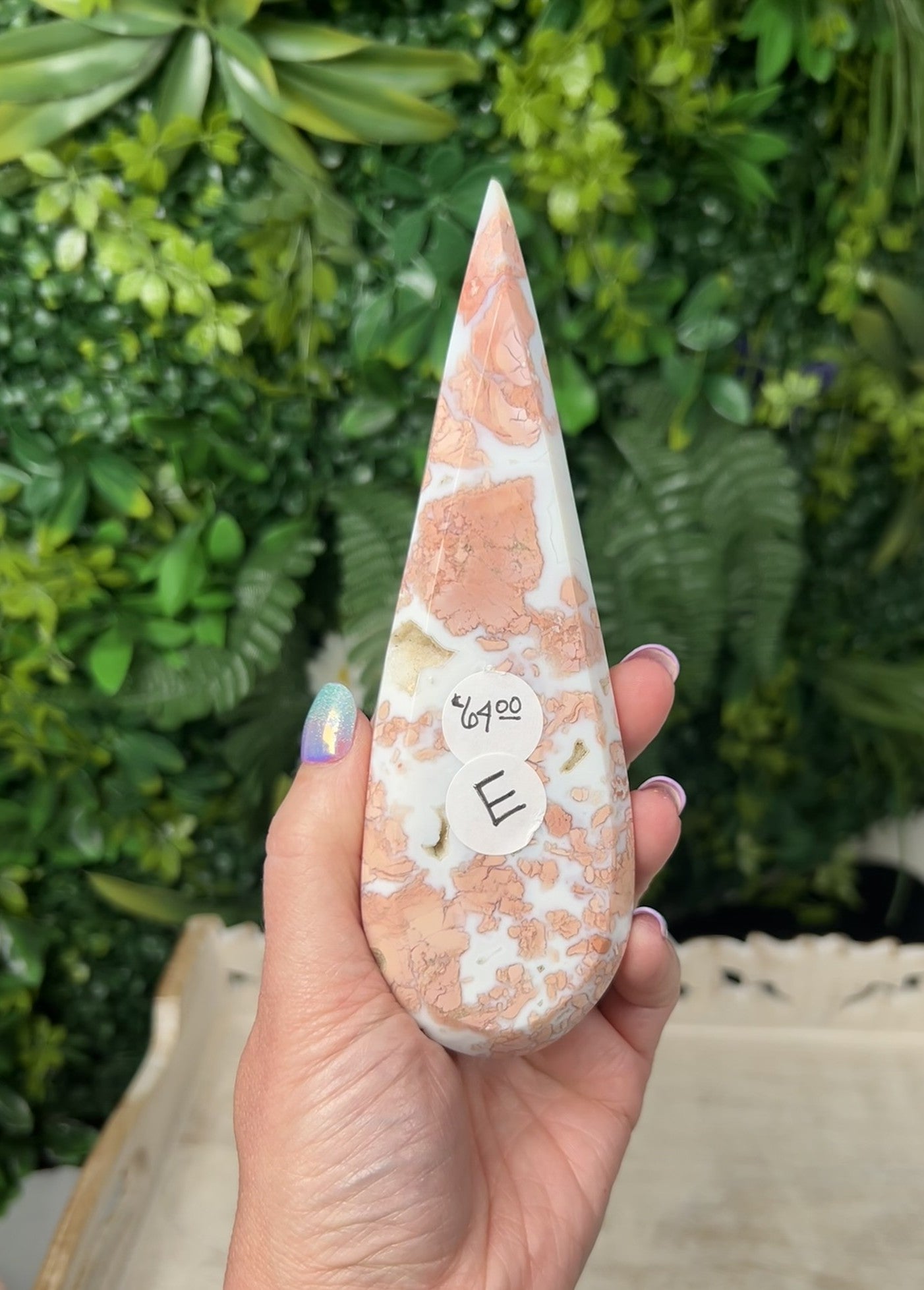 Pink Agate Teardrop with gold stand - #E