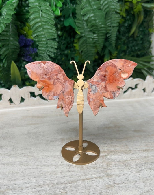 Pink Agate Butterfly Wing Set with gold stand - #B