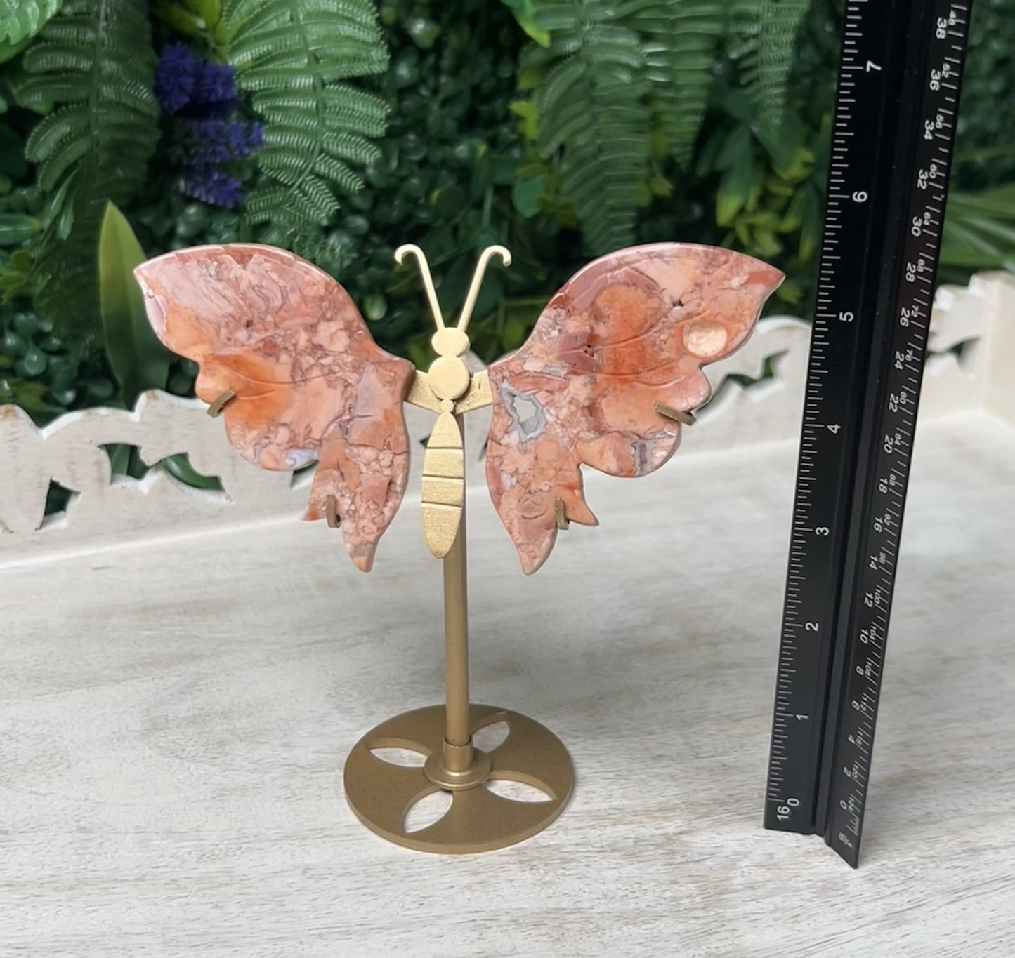 Pink Agate Butterfly Wing Set with gold stand - #B
