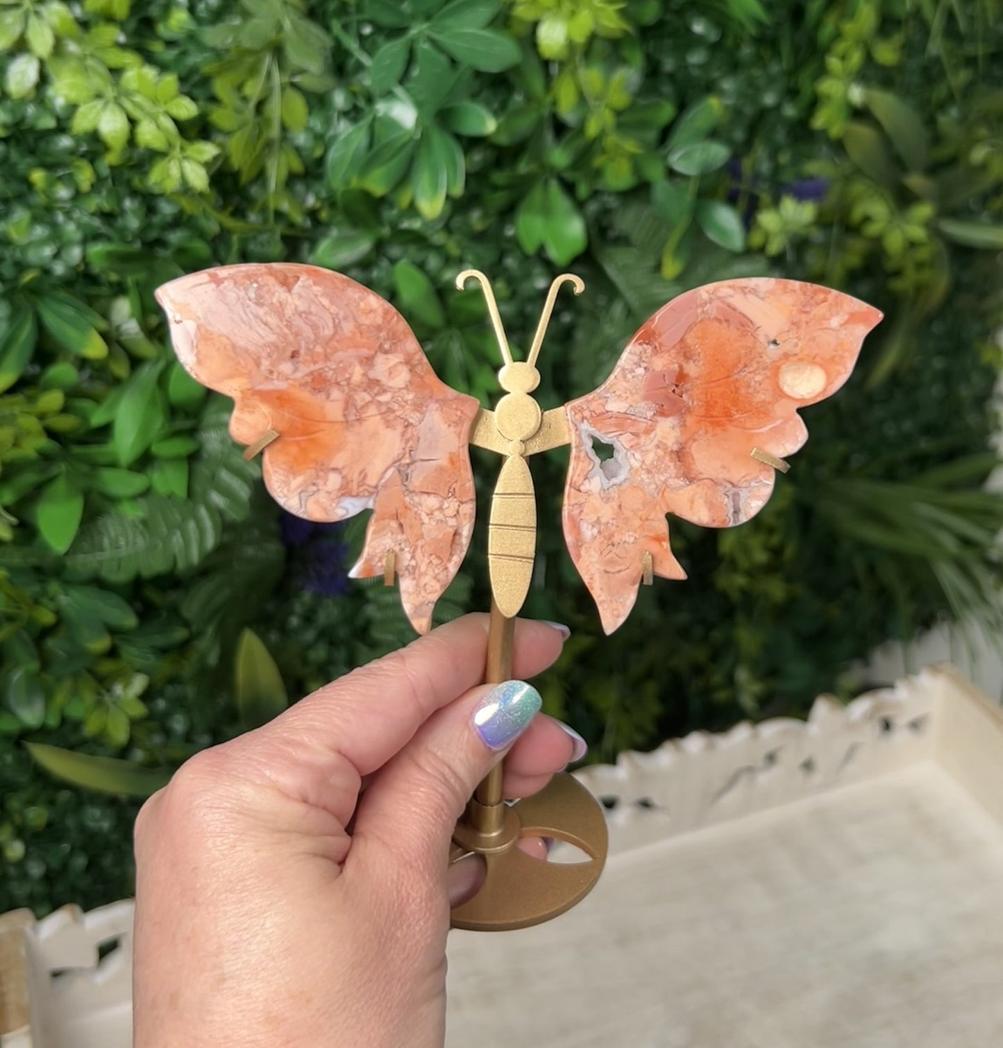 Pink Agate Butterfly Wing Set with gold stand - #B