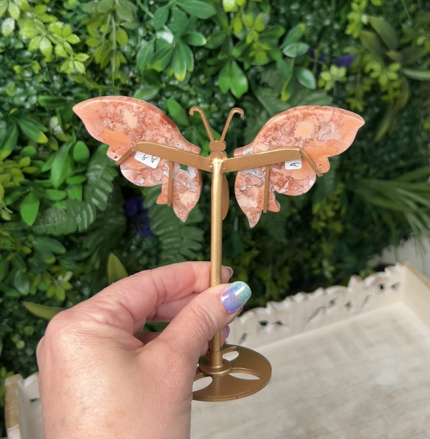 Pink Agate Butterfly Wing Set with gold stand - #B
